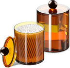 2 Pack Qtip Holder,Canister Apothecary Jar Set, Bathroom Jars with Lids Set for Cotton Swabs, Balls, Pads, Floss Picks,10oz-12oz Plastic Canisters Restroom Bedroom Vanity Organizer(Brown)