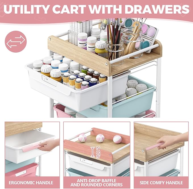 Utility Cart with Drawers,Craft Cart with 5 Drawers,Art Supply Organizer,Rolling Drawer Cart,Craft Storage Cart,Storage Drawer Carts With DIY Lable and Wooden Tabletop Area,Colorful