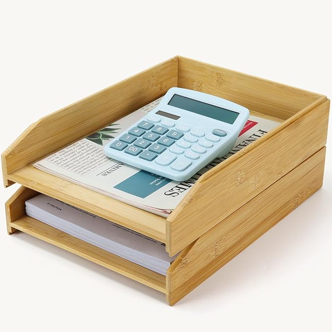 Multibey A4 Bamboo Stackable Paper Tray 2-Pack, 2-Tier Anti-Toppling Desk Organizer, Wooden Letter Document Magazine Tray Desktop File Folder Holder for Office & Home Supplies