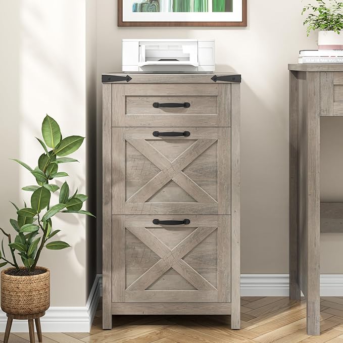 3 Drawer Small File Cabinet, Farmhouse Vertical Filing Cabinet Fits Letter/A4 Size, Wooden File Cabinets Printer Stand for Home Office, Living Room, Rustic Grey