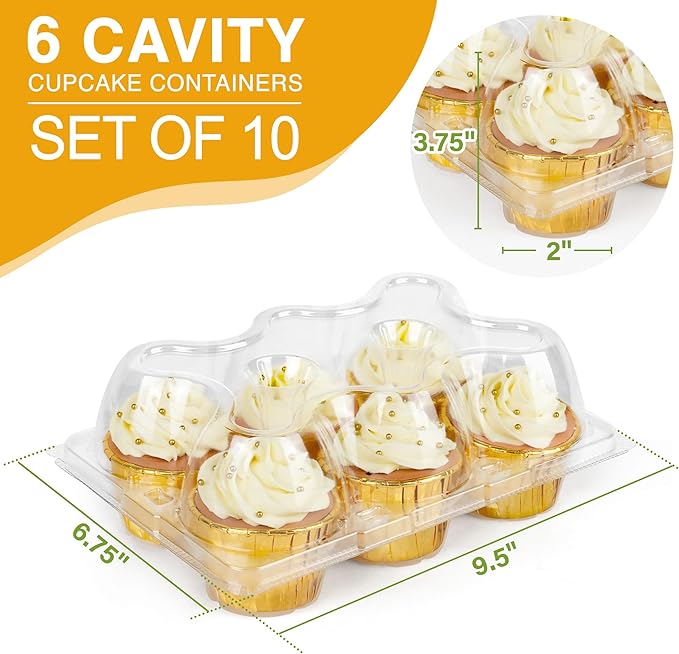 LotFancy (6 Count x 10 Sets) Cupcake Containers, Clear Plastic Cupcake Boxes, Disposable Cupcake Carriers with Detachable Tall Dome Lid, BPA Free, Standard Size