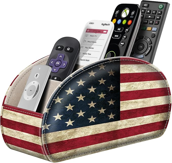 FINTIE Remote Control Holder, 5 Compartments Vegan Leather TV Remoter Caddy Desktop Organizer Makeup Brush Holder Storage Fits TV Remotes, Media Controllers, Office Supplies(US Flag)