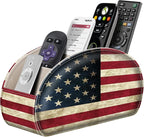 FINTIE Remote Control Holder, 5 Compartments Vegan Leather TV Remoter Caddy Desktop Organizer Makeup Brush Holder Storage Fits TV Remotes, Media Controllers, Office Supplies(US Flag)