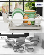 Kitsure Dish Drying Rack - Compact Dish Rack with Utensil Holder & Adjustable Water Outlet, Rust-Proof & Scratch-Resistant Drying Rack for Kitchen, 14.5" x 12.0" x 4.0", Light Grey