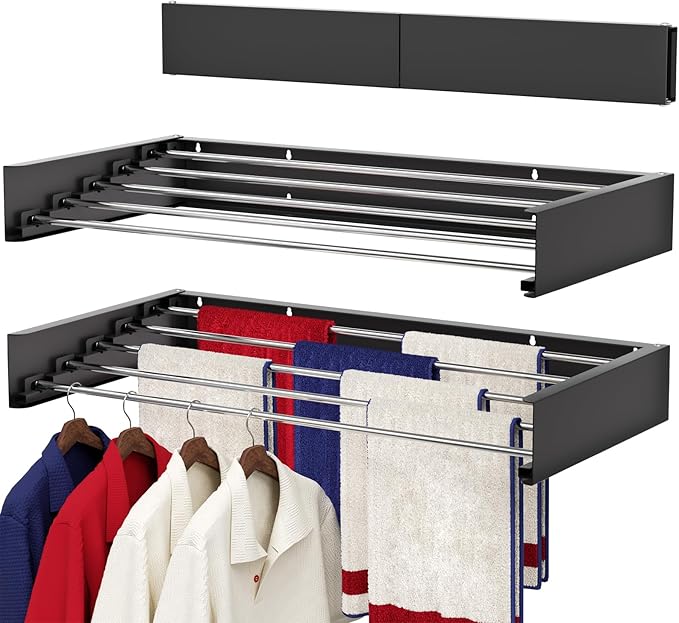 Wall Mounted Drying Rack 31.5", Foldable Laundry Drying Rack with Stainless Steel Rods, Retractable Laundry Space Saver for Indoor & Outdoor Use, Include Wall Template
