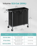 SONGMICS Laundry Basket with Wheels, 3-Section Rolling Laundry Hamper, 52.8 Gallons (200 L), Removable Liner, Steel Frame with Handle, 35.8 x 15.4 x 31.9 Inches, Ink Black URLS005B01