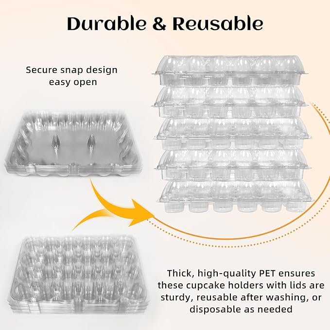 24 Count x 10 Sets Plastic Cupcake Containers, Durable and BPA-Free Cupcake Holder with Lid for Easy Transport Storage, Stackable Clear Cupcake Carriers, Reusable Dessert Boxes
