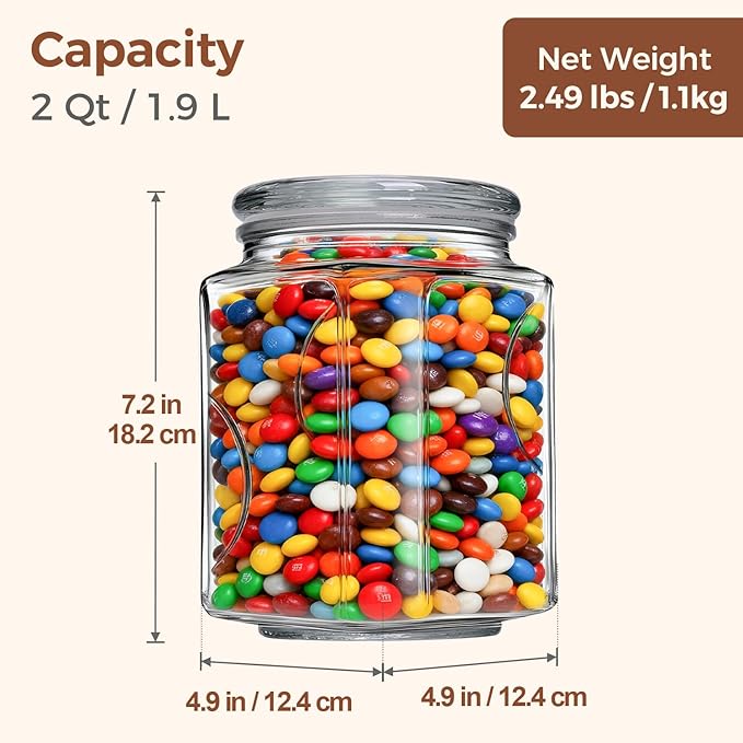 ComSaf 64 oz Glass Jar with Lid, 2 QT Pantry Storage Containers set with Glass Lids, Flour Sugar Storage Containers, Half Gallon Jars for Kitchen Storage and Laundry Room Containers, Set of 2