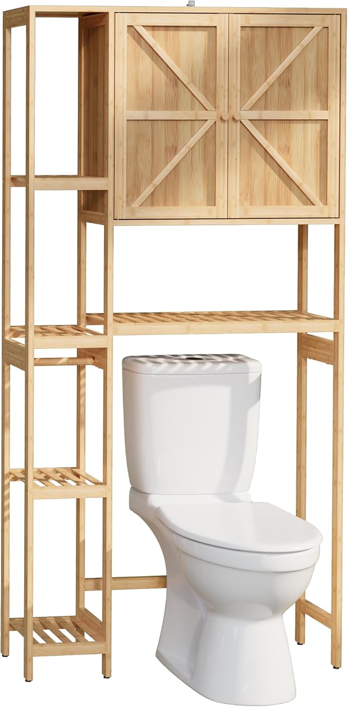 Bamboo Over The Toilet Storage, Above Toilet Organizer Storage Shelf Stand, Tall Freestanding Behind Toilet Rack, Tiered Bathroom Space Saver Shelving, Easy Assembly (Natural)