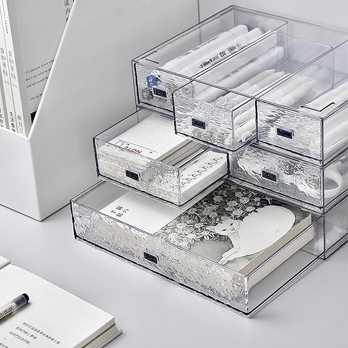 Desk Drawer Organizer, Stackable Plastic Storage Drawer, Grocery Organizer For Stationery/Office Supplies (New Clear, 3 Compartment)