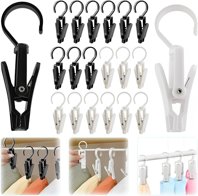 VinBee 20 PCS Laundry Hooks with Clips Super Strong Plastic Home Travel Swivel Hanging Hanger Closet Organizer Clamps Socks Boot Bras Towels for Bathroom Wardrobe Kitchen - 4.3 Inches (Black+White)