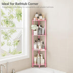 ELYKEN Corner Shower Caddy Standing, 4 Tier Rustproof Metal Shower Organizer with Soap Holder, Floor Shower Corner Shelf Rack Storage Stands with Adjustable Feet & 2 Hooks for Bathroom, Pink