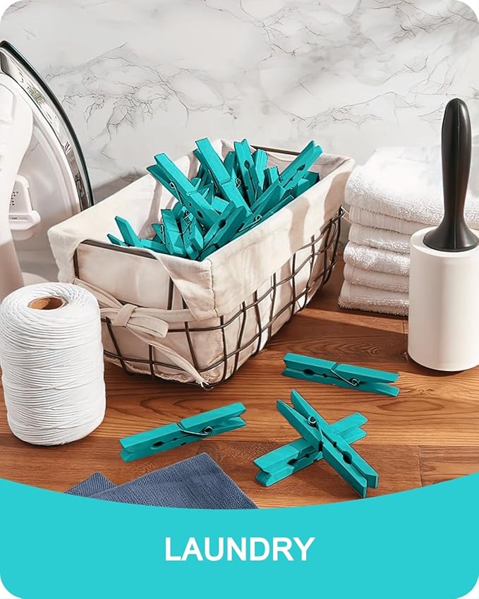 Colored Clothespins, Colorful Clothes Pins Wooden Clips Rainbow Colors 50 Pack Decorative Crafts Pegs Photos Pictures Decoration Clip Clothing Hanging Closepins, 2.9 Inch (Marine Aqua-Blue)