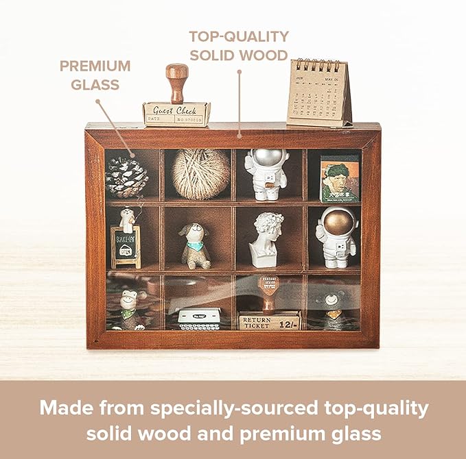 Mini Clear Display Wood Cabinet with 12 Slots - 10" x 15.5" Collectibles Display Case - Wooden Floating Shelves for Display & Home Decor - Vintage Style Wood Cubby Shelf with Front Clear Cover