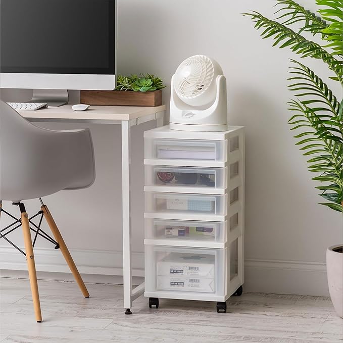 IRIS USA Plastic Drawer Storage Organizer Rolling Cart, 2-Pack, with Wheels Casters, 3-Drawers, for Classroom Art Craft Supplies Dresser Closet Bathroom Laundry Room, White/Clear