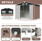 Aoxun 8x6 FT Shed with Base Metal Outdoor Storage Shed Garden Shed with Lockable Doors Tool Shed Bike Shed for Backyard, Patio, Poolside (Brown)