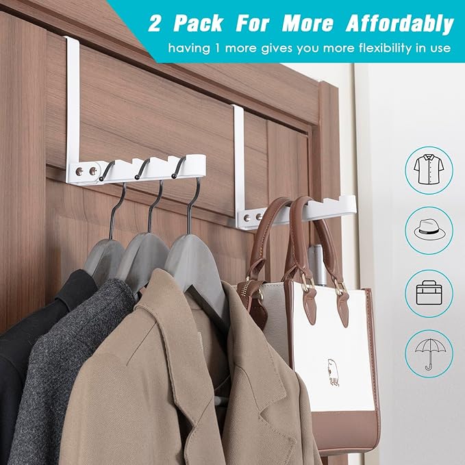 2 Pack Clothes Drying Rack, All Metal Over The Door Hooks, Thickness Adjustable, Collapsible, Space-Saving Hangers Organizer, Fit 1/2/5'' Doors (White)