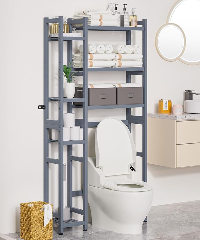 Homde Over The Toilet Storage with Basket and Drawer, Bamboo Bathroom Organizer with Adjustable Shelf & Waterproof Feet Pad, Space Saver Rack for Restroom, Laundry,Grey
