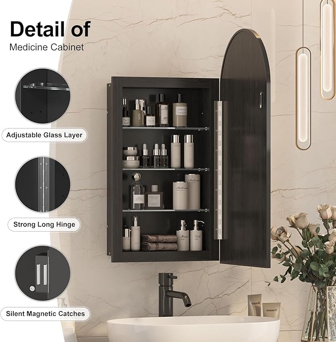 Recessed Medicine Cabinet for Bathroom,Black Arched Medicine Cabinet with Mirror,Arch Mirrored Medicine Cabinets Recessed,Bathroom Mirror with Storage,Open from Left to Right 16x31