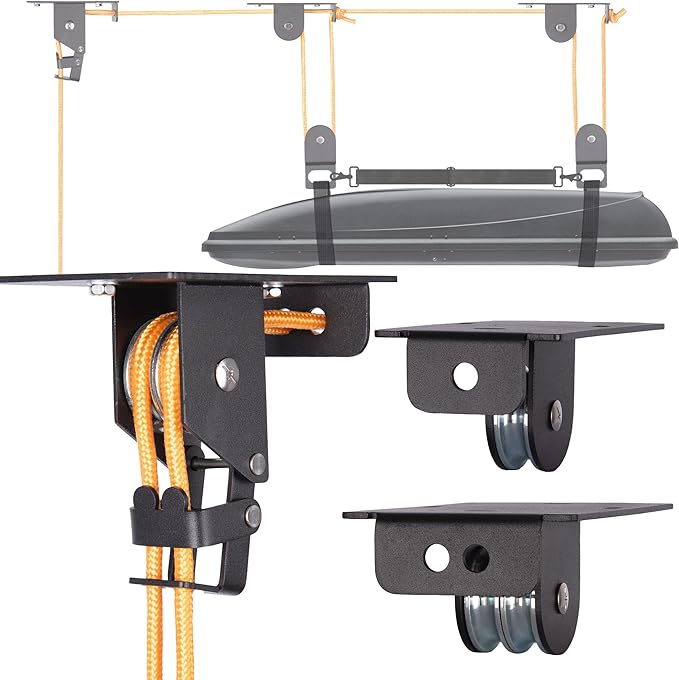 Cargo Box Hoist for Garage Ceiling with Metal Pulley System Holds 150 lbs, 5.5" Low-profile Rooftop Carrier Storage Lift, Parallel or Perpendicular Mounted