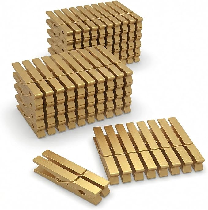 100 Pcs Colored Clothes Pins Wooden, Clothespins for Crafts 2.9 Inch, Clothing Pins for Hanging, Pictures, Classroom, Gold
