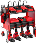 Power Tool Organizer Wall Mount with Charging Station, Heavy Duty 3 Layers Tool Storage Rack with 4 Cordless Drill Holder, Battery Holder with 8 Power Strip, Ideal for Garage, Warehouse, Workshop