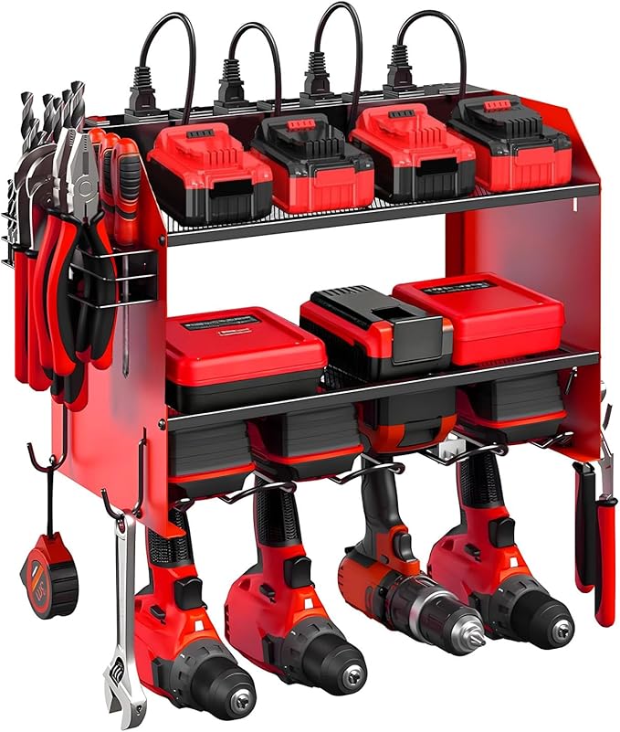 Power Tool Organizer Wall Mount with Charging Station, Heavy Duty 3 Layers Tool Storage Rack with 4 Cordless Drill Holder, Battery Holder with 8 Power Strip, Ideal for Garage, Warehouse, Workshop