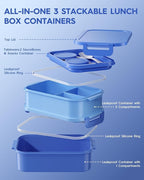 Adults Bento Lunch Box Set with Thermo Bag, 74oz Stackable Leak-proof 3-tiers Bento Box, Built-in Utensil and Sauce Container for Work, School, Dining Out (Blue)