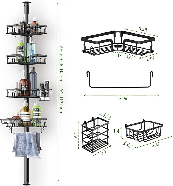 Corner Shower Caddy Tension Pole 4 Tier Adjustable Stainless Steel Shower Shelf for Inside Shower Bathtub Shampoo,Standing Bathroom Organizer Shelves with 39 to 113 inch Height