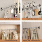 Rail Rack Organizer Self Adhesive Kitchen Utensil Rack Aluminum Wall Mounted Hanging Rail 8 Removable Hooks Pots Pans Spoons Knives,Grey,45cm