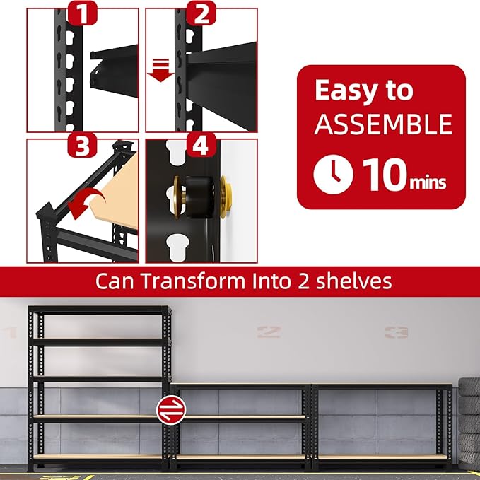 5-Shelf Heavy Duty Shelving - Adjustable Garage Storage Shelves, Metal Utility Storage Racks for Warehouse Pantry Basement Kitchen, Garage Organizers Shelf Unit, Black