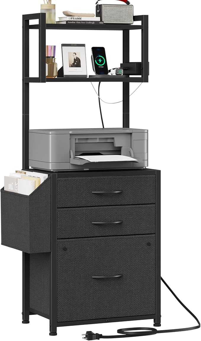 Small 3 Drawer File Cabinet with Charging Station, 45''H, 3-Tier Filing Cabinet for Home Office, 11''*16'' for Small Printer, Fabric Drawer Fits Letter/A4, Tall Printer Stand, Black