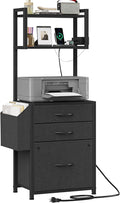 Small 3 Drawer File Cabinet with Charging Station, 45''H, 3-Tier Filing Cabinet for Home Office, 11''*16'' for Small Printer, Fabric Drawer Fits Letter/A4, Tall Printer Stand, Black