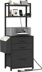 Small 3 Drawer File Cabinet with Charging Station, 45''H, 3-Tier Filing Cabinet for Home Office, 11''*16'' for Small Printer, Fabric Drawer Fits Letter/A4, Tall Printer Stand, Black