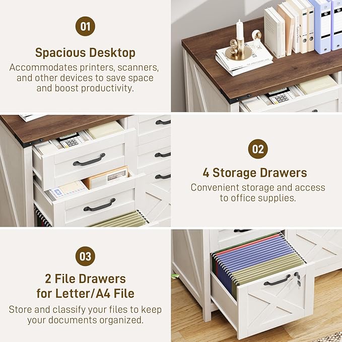 Lateral File Cabinet with 6 Drawers, Farmhouse File Cabinet with Lock for Letter/A4 Size Hanging Files, Wood File Storage Cabinets Printer Stand for Home Office Cabinets, Rustic White and Brown