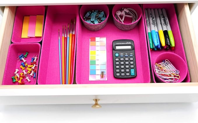 Welaxy Felt Desk Drawer Organizer Trays, 8-Piece Storage Bins for Jewelry, Office Supplies & Entryway Catchall (Hot pink)
