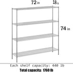 18" Deep x 72" Wide x 74" Height Wire Shelving Kit | 4-Tier | NSF Commercial Storage Rack Unit