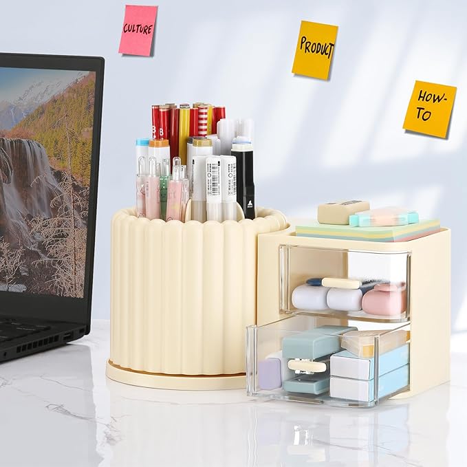 LETURE Rotating Office Desk Organizers and Accessories with 2 Drawer, Pencil Pen Marker Holder for Desk, Desktop Storage Organizers and Accessories for Office Home Art Supplies (Cream)