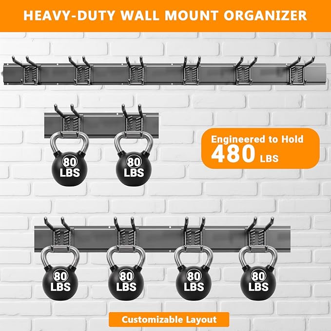 48 Inch Garage Tool Organizer Wall Mount - Heavy Duty 480 lbs Capacity Tool Rack with 6 Adjustable Hooks, Wall Mounted Storage System for Garage, Shed, Workshop (Black)