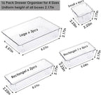 16 Pack Drawer Organizer Set, 4-Size Desk Drawer Organizer Fridge Storage Trays Containers Organization Food Storage Snack Organiser Storage Bins for Makeup Kitchen Utensils Gadgets Office