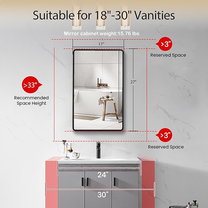 Bathroom Medicine Cabinet with Mirror, 17x27 inch Metal Black Recessed Medicine Cabinet with 3 Adjustable Metal Shelves, Rounded Rectangle Storage Cabinet