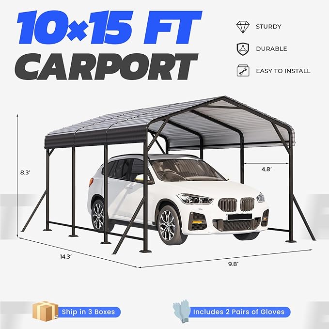 EROMMY 10' x 15' Heavy Duty Metal Carport with Galvanized Steel Roof & Base for All-Weather Protection, Outdoor Carport Garage, Versatile for Car, Boat, Tractor, and Party Use, Dark Gray