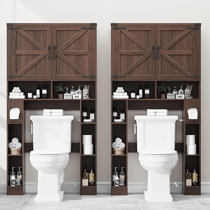 Vabches Over The Toilet Storage Cabinet, Farmhouse Storage Cabinet Over Toilet with 2 Barn Doors ，Toilet Paper Holder Stand，Home Space-Saving Toilet Rack, for Laundry, Restroom, Bathroom.Espresso.