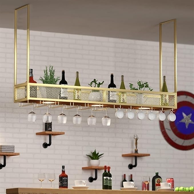 Ceiling Hanging Wine Glass Holder - Ceiling Shelf, Ceiling Wine Rack Display Stand, Hanging Solid Wood Plant Stand, Wall Mounted Iron Art Wine Bottle Holder, LOFT Ceiling Mounted Storage Rack ( Color