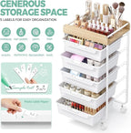 6 Drawer Rolling Cart for Craft Storage,Utility Drawer Organizer with Handle and Wooden Top, Storage on wheels for Office, Classroom,Laundry，Garage, Snack,Art Supply,White