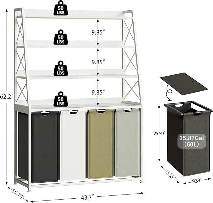 Laundry Basket, 4 Section Laundry Hamper with 4 Tiers Shelf, Pull-Out and Removable Laundry Bags, Large 4 x 15.87 Gallons, for Laundry Room Bathroom White PF12XLE