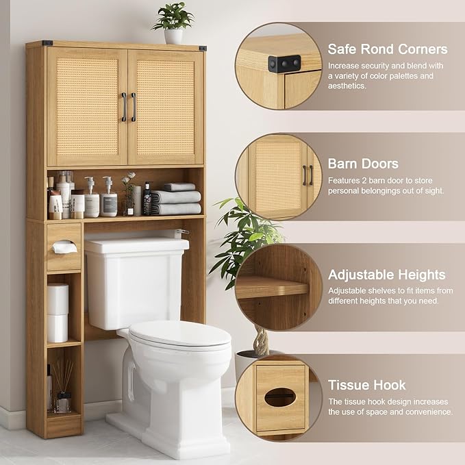 Vabches Over The Toilet Storage Cabinet, Farmhouse Rattan Storage Cabinet Over Toilet with 2 Rattan Barn Doors & Home Space-Saving Toilet Rack, for Bathroom, Restroom, Laundry