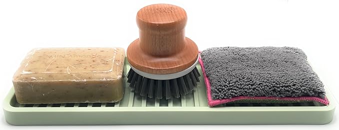 Happitasa Silicone Kitchen Sink Organizer Tray, Sponge Holder and Countertop Protector | Bathroom and Kitchen Soap Dish and Dispenser Tray (Pistachio, 12"x4", 9.2 Ounces)