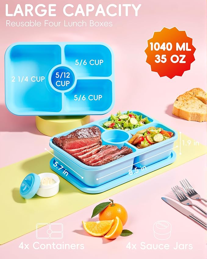 4 Pcs Bento Snack Box Containers, 4 Compartment Divided Stackable Food Storage Containers with Lids, Meal Prep Lunch Container with Sauce Cups