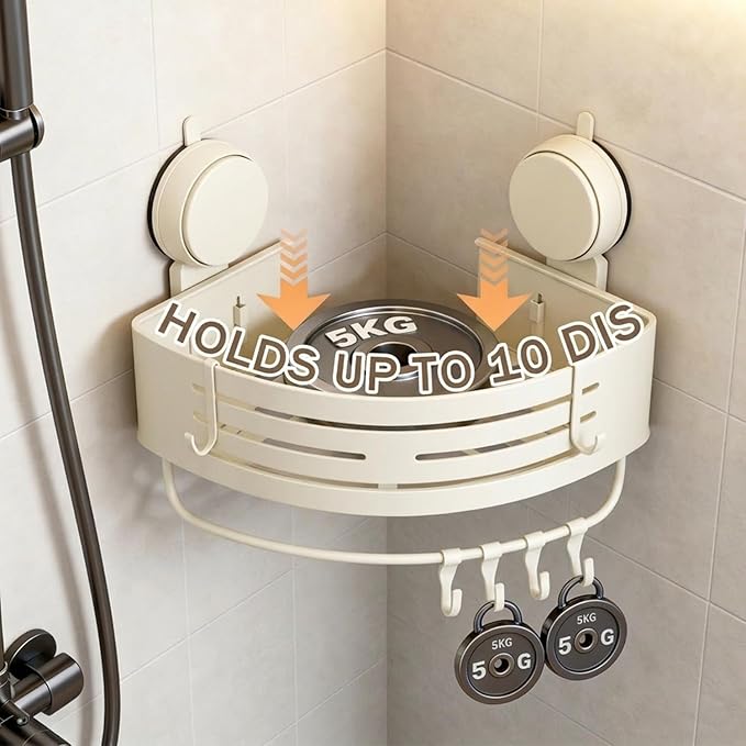 No-Drilling Corner Suction Cup Shower Caddy(1-Pack Cream White),Rust-Proof and Durable Bathroom Organizer with Towel Bar & Hooks,Modern Large-Capacity Wall-Mounted Shower Shelf